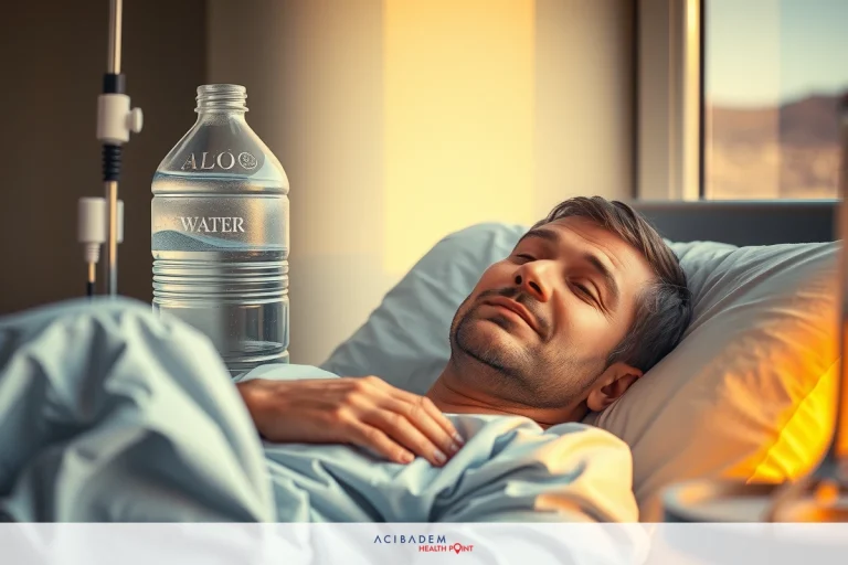 How to Drink Water After Rhinoplasty A man in a hospital bed, looking up with a smile on his face. He is surrounded by medical equipment, including a water bottle and an IV drip. The environment suggests a professional healthcare setting.