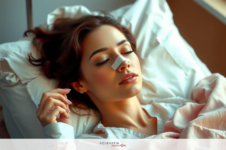 What Happens If You Cry After Rhinoplasty A young woman rests in a hospital bed, her hand lightly touching her nose. Her eyes are closed and she appears to be sleeping or relaxing.