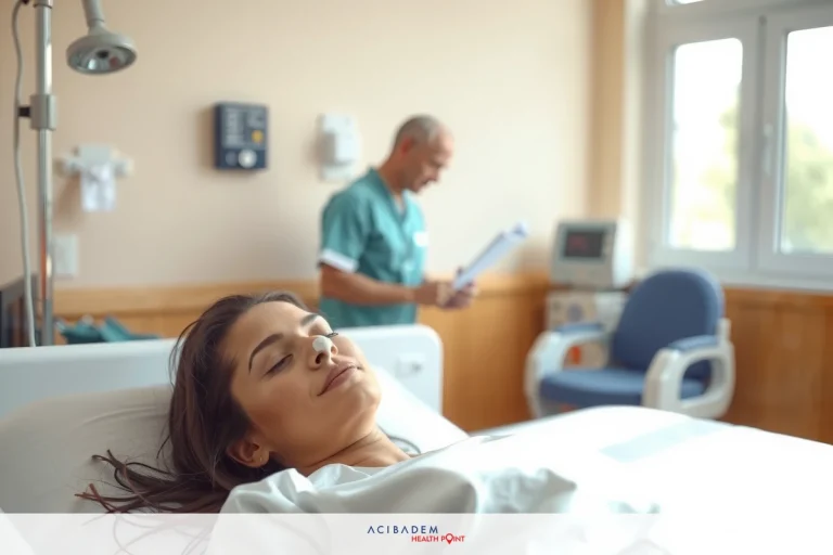 Image depicts a hospital room with a patient on an examination table. A medical professional is checking the patient's paperwork. The focus is on the interaction between the medical personnel and the patient in a clinical environment.