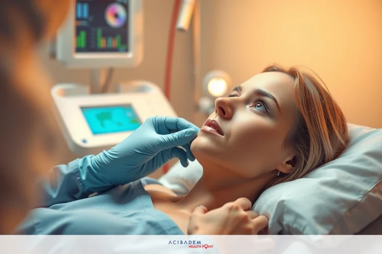 The image shows a clinical setting where a medical professional is providing care to a patient. The patient, possibly a woman based on the visible characteristics, is lying in a hospital bed wearing a gown and has medical devices attached to her, suggesting she may be undergoing an examination or treatment. A medical professional is standing beside her, wearing gloves and using a stethoscope, indicating they are likely conducting an assessment of the patient's health.