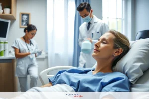 A hospital scene where a woman is on a bed, receiving care from medical staff. The environment suggests a sterile and professional healthcare setting. The image is likely related to healthcare services, hospital visits, or general health concerns.