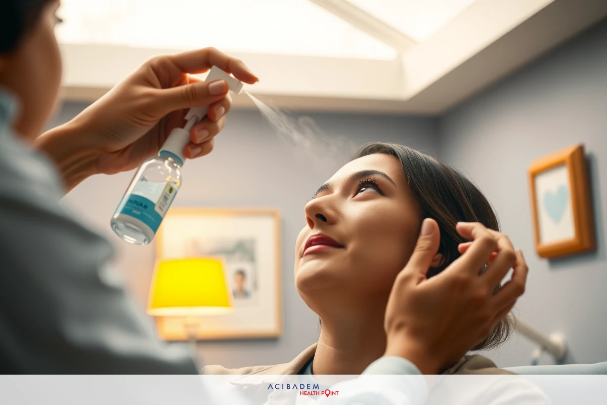 Image depicts a beauty salon setting with a woman receiving an facial treatment. The therapist is gently massaging her face and using a blue spray bottle on the forehead. The woman appears relaxed, possibly in the middle of a session for cleansing or moisturizing.