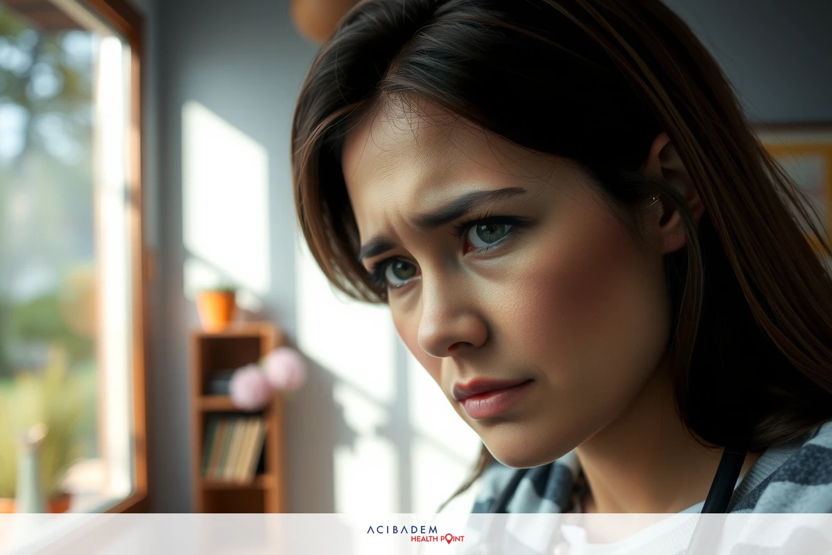 The image shows a young woman seated at a desk in an indoor setting. She appears to be engaged with something on her computer or another device, as indicated by the focused gaze and slightly furrowed brows suggesting concentration or perhaps frustration.