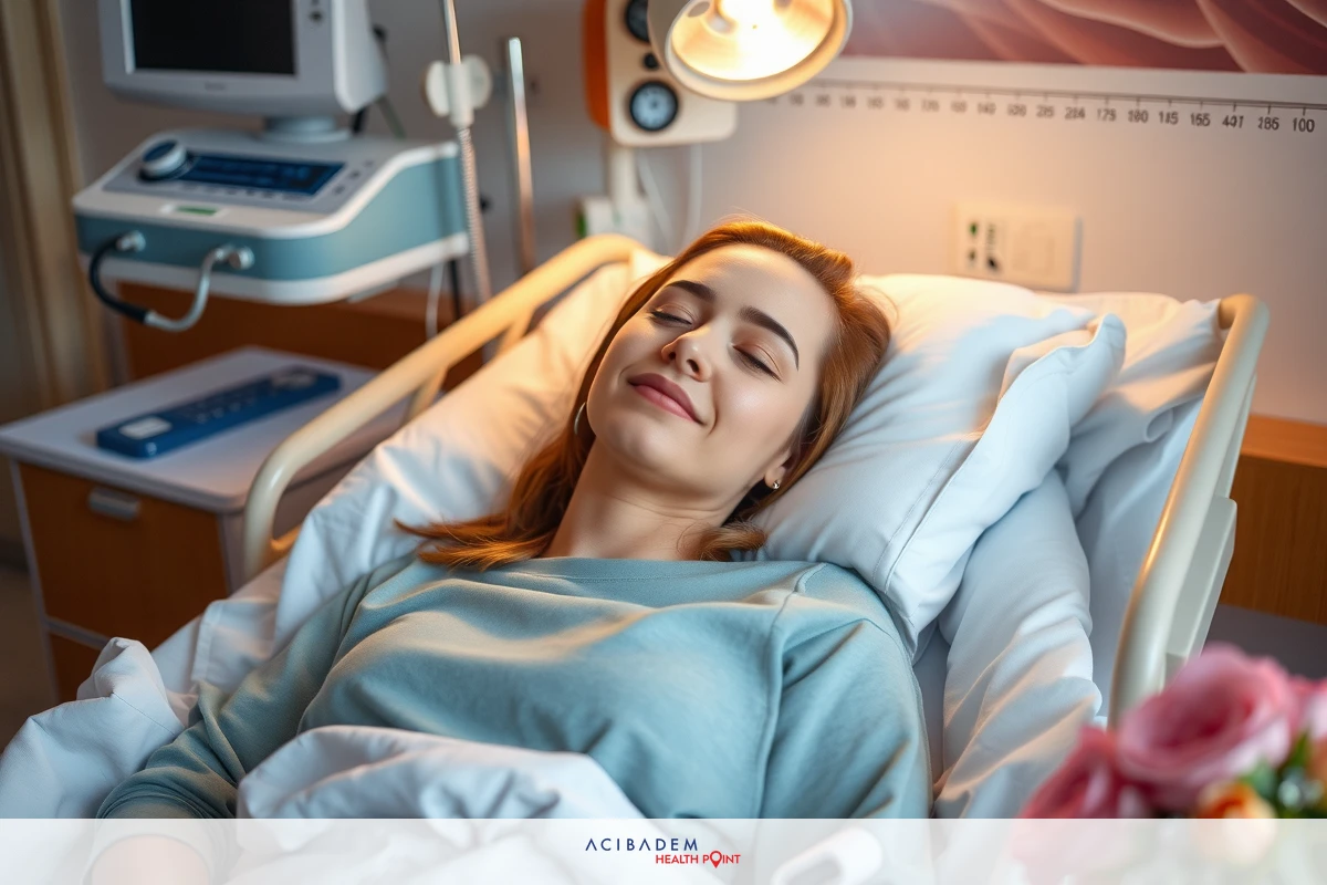 The image shows a young woman lying in a hospital bed with her eyes closed, possibly resting or asleep. She appears to be wearing a grayish-blue top and is surrounded by typical medical equipment.