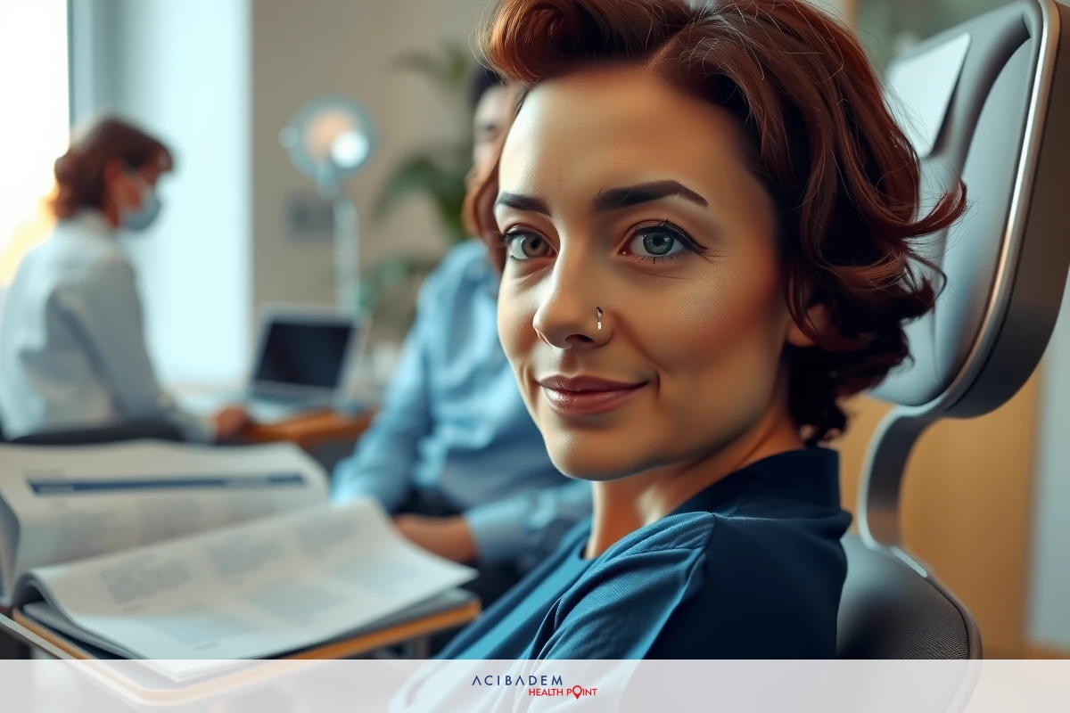 The image features a woman sitting in an office chair, looking to her left. She has short hair and is wearing professional attire that includes a black top with a visible collar. Behind her, there are two individuals, one of whom appears to be working on a computer. The office environment suggests a professional setting with modern furniture.