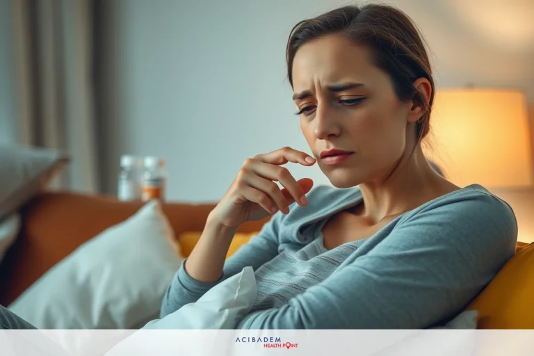 How Long After Rhinoplasty Can i Have Intercourse A woman in a grey shirt sits on a yellow couch with one hand against her chin, appearing concerned. She is indoors, likely at home, suggesting a casual setting.