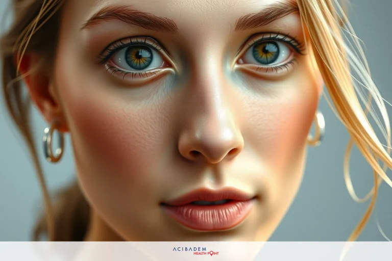 Do Noses Grow After Rhinoplasty The image features a close-up of a woman with fair skin and blue eyes. She has blonde hair, wearing makeup including lipstick.