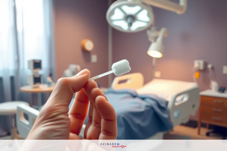 A hand holding a small, white device against the backdrop of a hospital room. The medical environment includes equipment and devices typically found in healthcare settings.