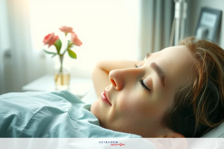 The image shows a woman lying in a hospital bed with her eyes closed. She appears relaxed, and there is a small vase of flowers on the table beside the bed. The environment suggests a quiet, clinical setting, possibly for patient comfort or care during recovery.