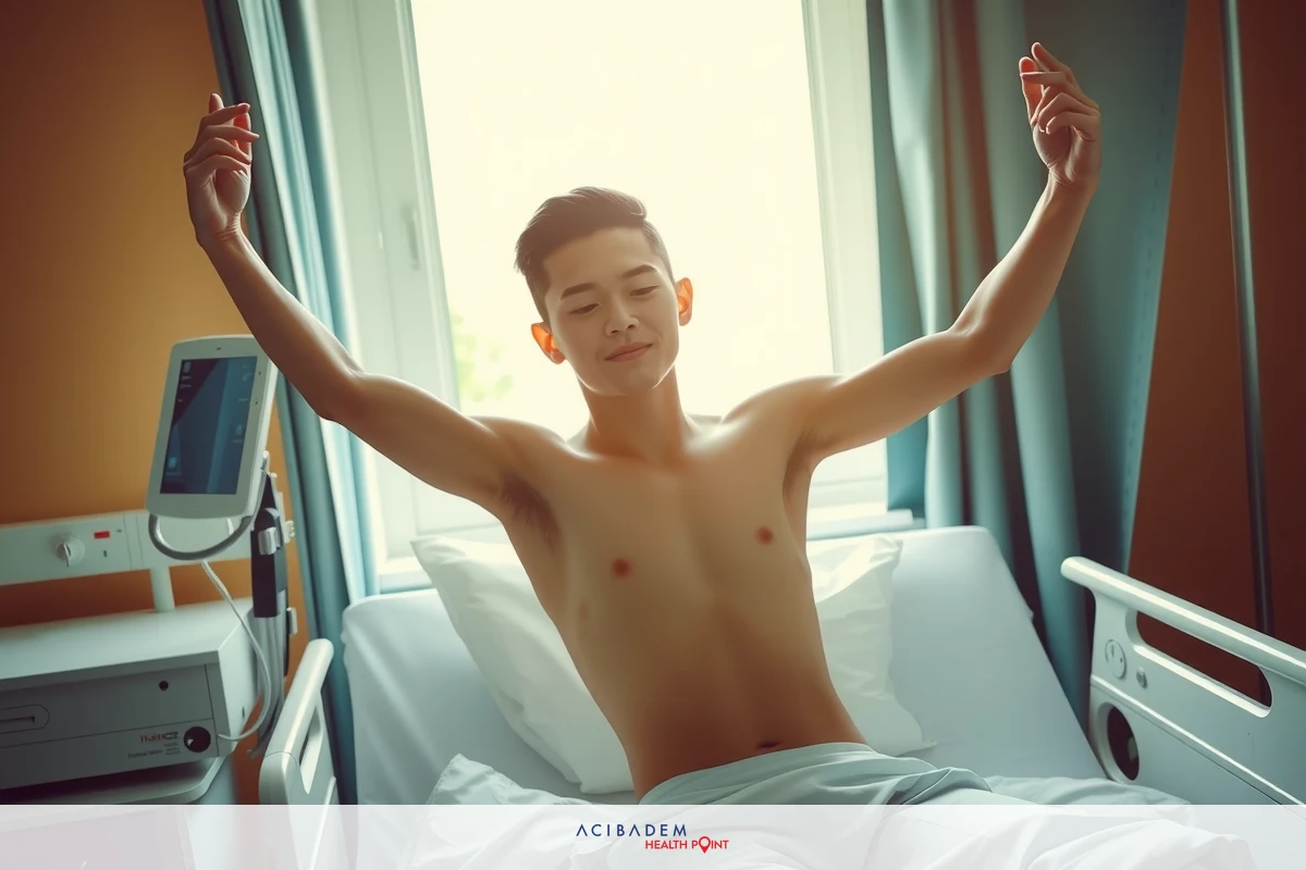 The image shows a young person lying in a hospital bed, smiling and holding up their hands with palms facing outwards. The individual appears to be shirtless and is surrounded by medical equipment such as an IV drip on the stand beside the bed.