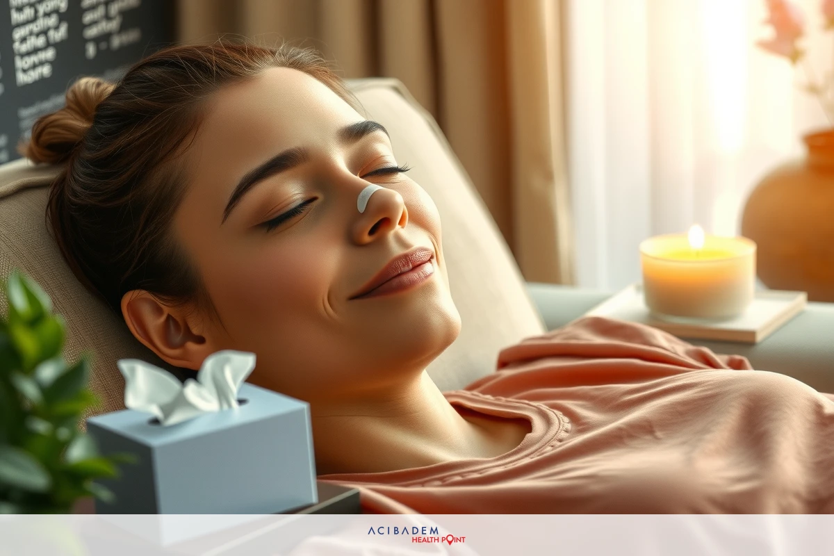 A woman reclining on a couch, with her eyes closed and an open smile. She has a tape on her nose.