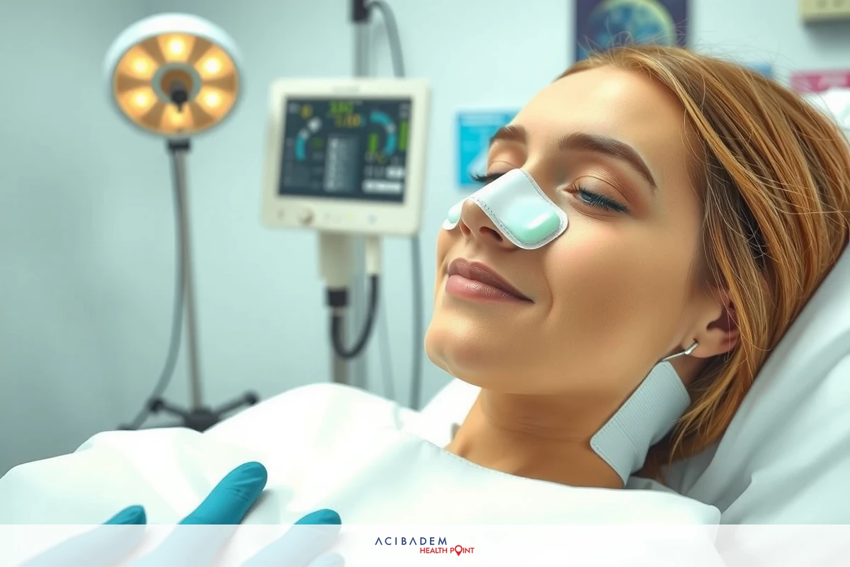 A young female in a medical setting lying on her back with her eyes closed, seemingly relaxed or sleeping. She has blonde hair and is wearing a white gown typical for hospital patients. The environment suggests a clinical setting such as a doctor's office or an infirmary.