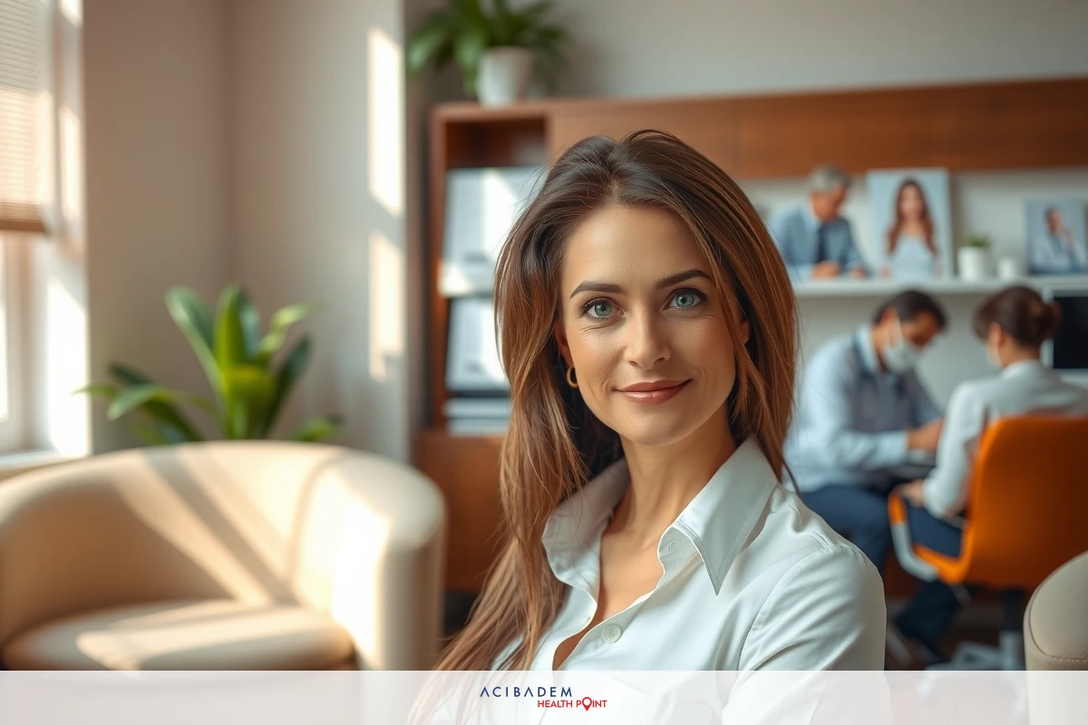 A young professional woman, possibly a businesswoman or corporate executive, sitting at her office desk. She's wearing a crisp white blouse and is smiling towards the camera. Her surroundings include a modern office setting with furniture like chairs, couches, plants, and computer equipment. The office has a professional ambiance with natural light streaming in from large windows.