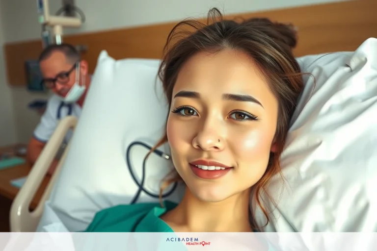 In the image, there is a young woman lying on a hospital bed. She has short brown hair and is wearing an olive green surgical gown. She appears to be undergoing medical treatment or possibly just after a procedure.