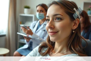 A young woman is seated in a medical office chair, looking into the camera with a slight smile. She has her hair styled and wears a necklace.