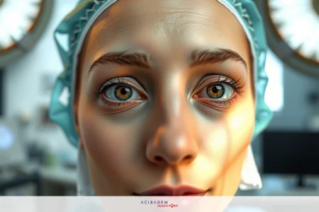 Woman in medical gear, likely a plastic surgeon, looking up at camera with focused expression.