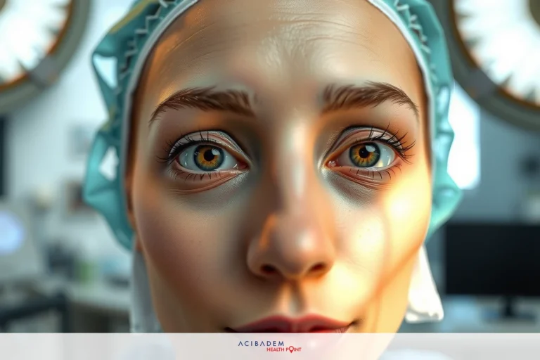Woman in medical gear, likely a plastic surgeon, looking up at camera with focused expression.