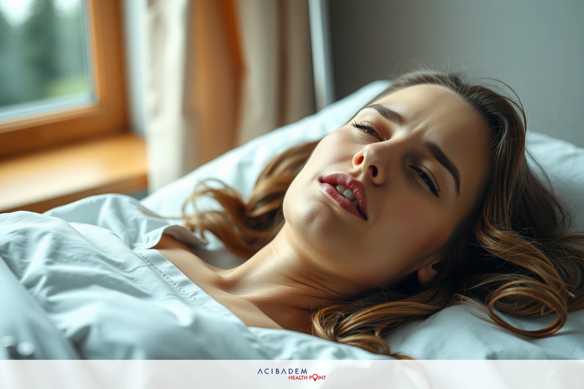 The image shows a woman lying down with her eyes closed, appearing to be in deep sleep or relaxation. The room has natural light coming through the window blinds and a warm ambiance indicated by soft color tones.