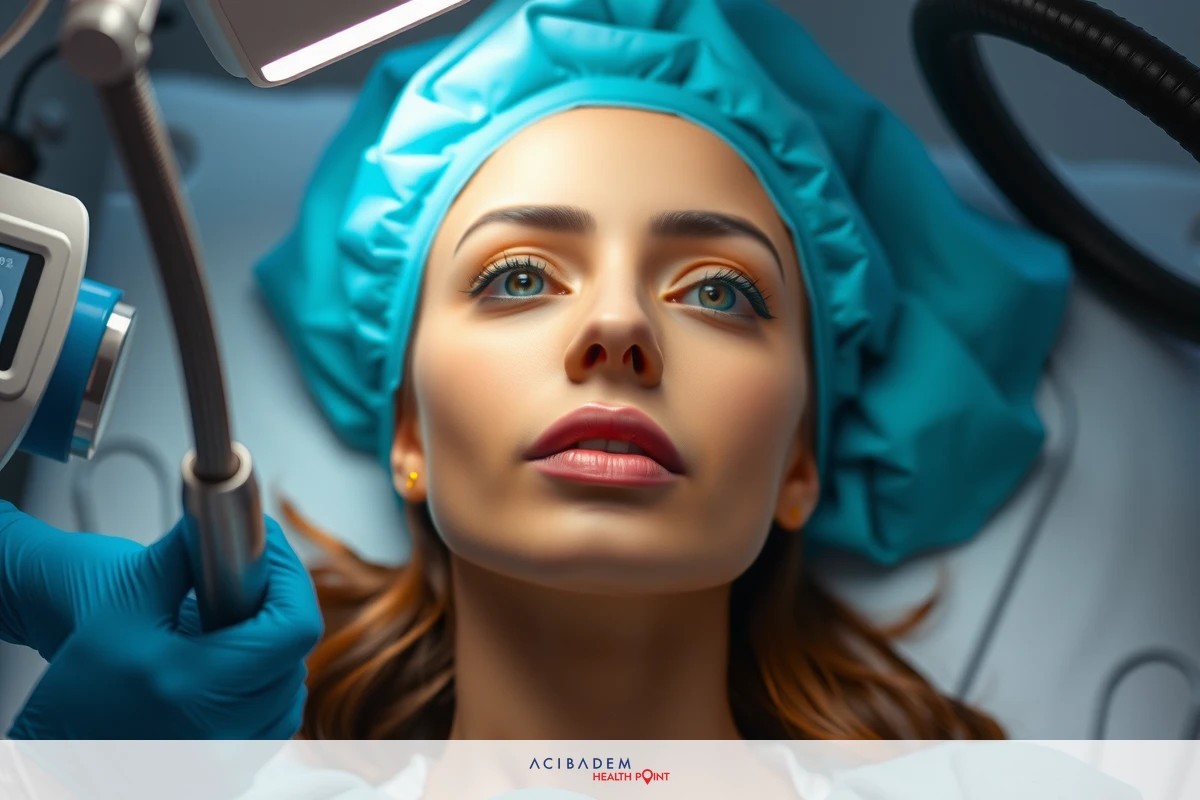 A woman in medical scrubs and surgical mask is seated at a hospital desk with medical equipment. She has her eyes closed, perhaps taking a brief moment of respite or reflection amidst the hustle and bustle of the healthcare setting. The environment is sterile and professional, indicative of a medical office or ward.