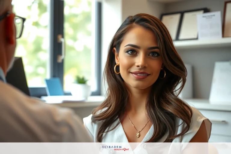 Two people, a man and a woman, are in an office setting. The woman is seated at a desk facing the camera with a smile on her face. She appears to be listening intently to the man standing beside her, who is looking down at papers or a document while holding what looks like a clipboard.