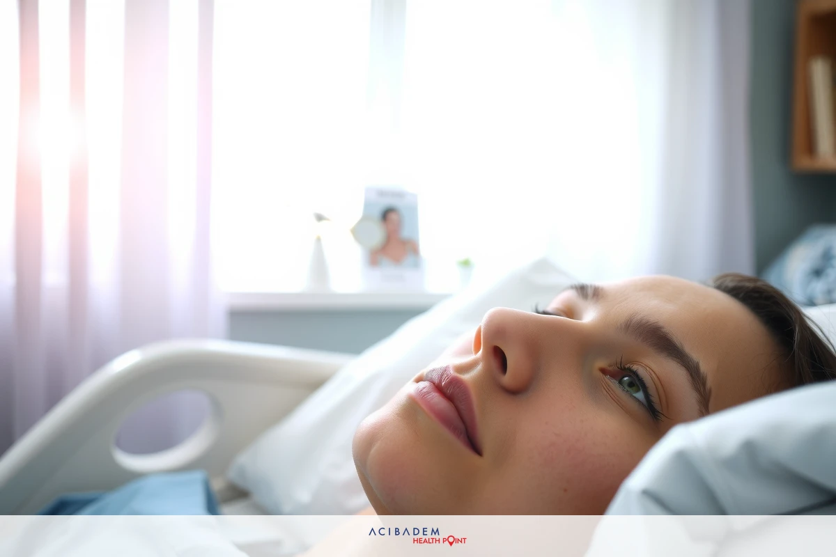 This image depicts a young woman lying in a hospital bed. Her face is visible as she gazes upward, suggesting a thoughtful or contemplative expression.