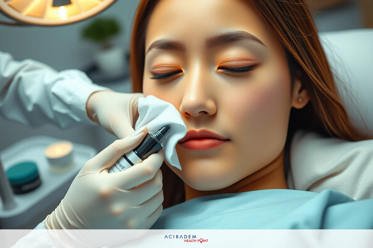The image depicts a woman lying on an examination table in what appears to be a medical setting. A person, presumably a professional like a dermatologist or nurse, is applying a product to her face.