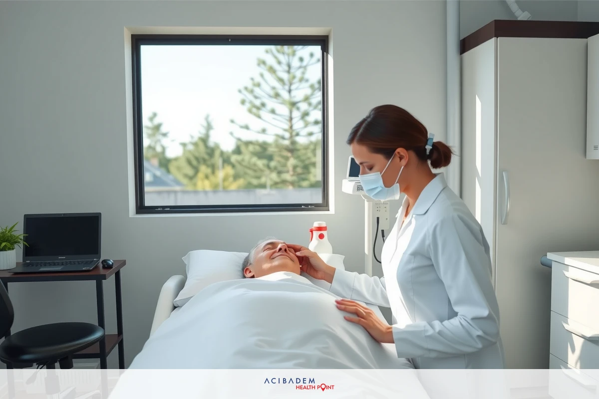 A medical professional performing a procedure on an elderly patient. The environment is clean and well-lit, with the focus on medical care and precision.