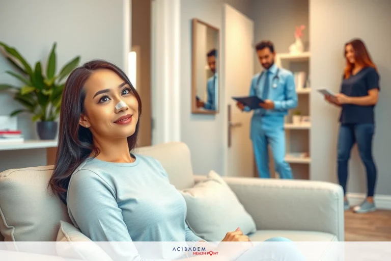 The image depicts a woman in a modern living room setting, dressed in casual clothing. The woman is seated on a couch with a laptop open before her. Two individuals stand near her, one holding a tablet and the other holding a clipboard, suggesting a professional context possibly related to healthcare or home services.