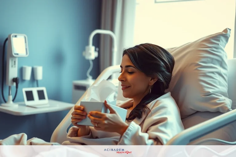 The image shows a woman lying in a hospital bed. She is wearing a hospital gown and there are medical devices around her such as an IV drip and monitors. The room has blue walls and a window with daylight coming through.