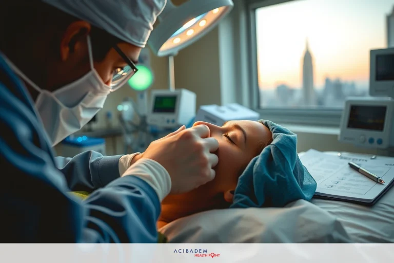 The image shows a medical setting with a professional performing what appears to be an eye procedure on a patient. The individual is wearing medical scrubs and has their face partially covered by a surgical mask, indicating the importance of maintaining sterility in such environments. Both individuals are seated, and there is visible medical equipment around them. There are no discernible brands or logos in the image.