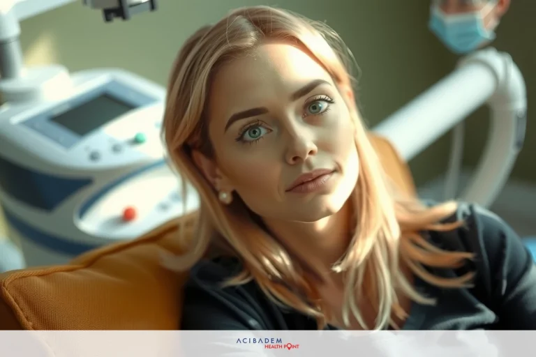 A woman with blonde hair seated in a medical chair, looking to the side. She appears calm and ready for a rhinoplasty examination.