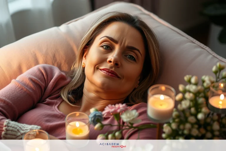 How Much Does Nose Change After Rhinoplasty? The image shows a woman lying down in a comfortable indoor setting. She has a concerned look on her face and appears to be resting or possibly feeling unwell.
