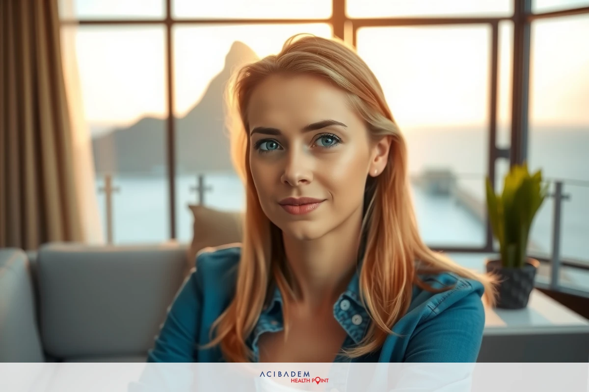 A woman is seen in an interior space during sunset, with a serene and inviting atmosphere. She has blonde hair and is wearing a blue denim shirt. The warm hues of the setting sun create a pleasant ambiance in the scene.