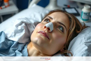 The image depicts a person lying on a hospital bed with medical equipment, including what appears to be an oxygen tube. The individual is wearing scrubs and has a nasal cannula inserted in their nose.