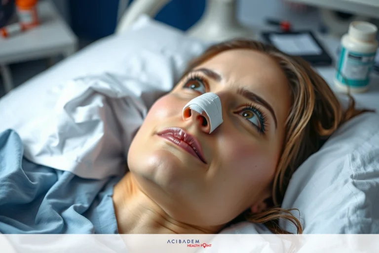 Can I Take Nyquil After Rhinoplasty? The image depicts a person lying on a hospital bed with medical equipment, including what appears to be an oxygen tube. The individual is wearing scrubs and has a nasal cannula inserted in their nose.