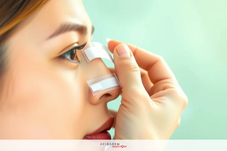 A woman taping to her nose, emphasizing the treatment's effectiveness. The background is softly lit with a soothing green tone.