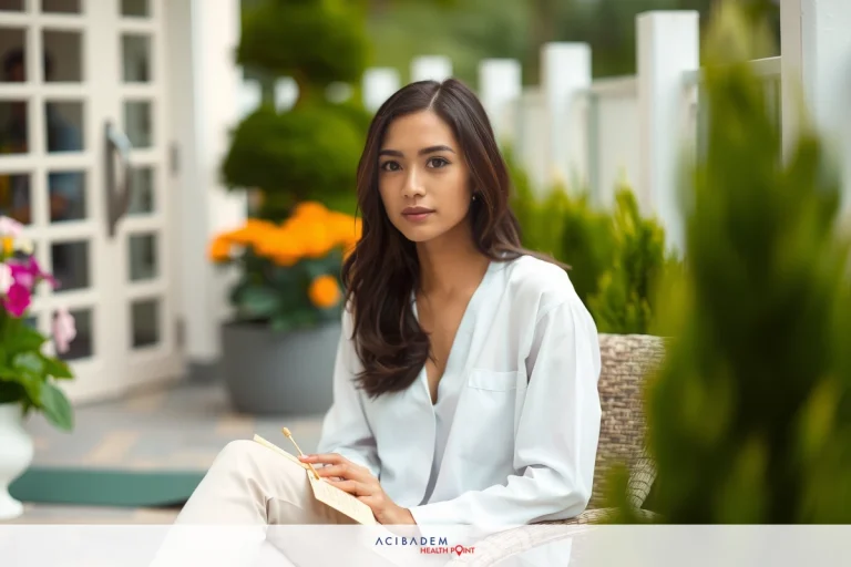 Woman sitting on patio furniture in an outdoor setting, writing or reading from a notepad. She is wearing a white blouse and pants, suggesting casual yet professional attire.