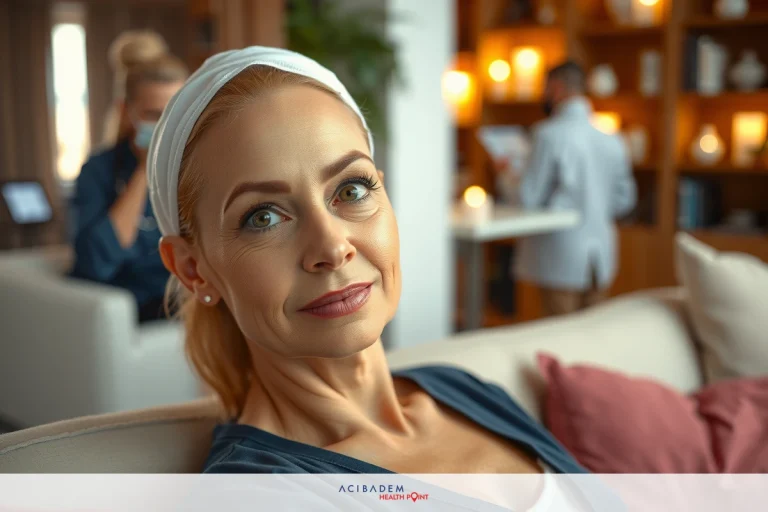 Can Lazer Resurfacing Better than Rhinoplasty? Woman with a headband relaxing on a couch in an office, wearing a light blue top. The room has modern furniture and a neutral color scheme.