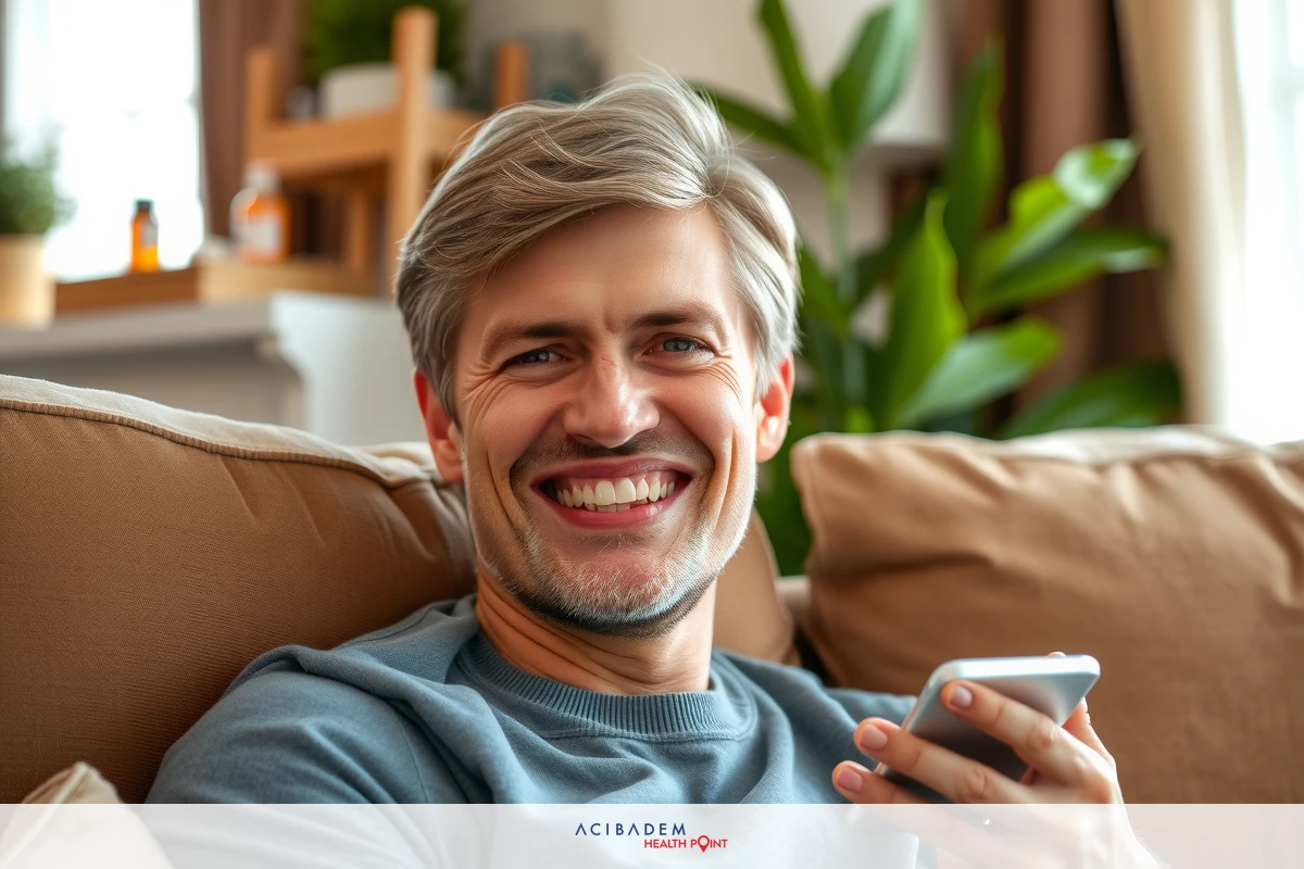 The image shows a man sitting comfortably on a brown sofa, smiling and holding an phone in his hands. The room has a modern design with a minimalistic feel, featuring white walls and natural light coming from the windows.