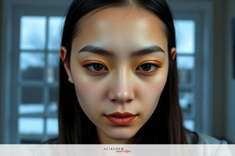 The image features a close-up of a woman with light makeup, wearing lipstick. She has dark hair and is looking slightly to her left with a neutral expression.