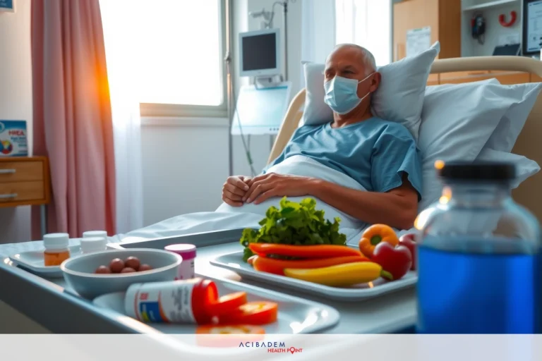 The image shows an elderly person in a hospital bed, wearing surgical attire and a face mask. The individual appears to be post-surgery due to the medical context of the setting. There is a tray of food with various fruits and vegetables on one side of the bed. The overall atmosphere suggests recovery or recuperation after a medical procedure.