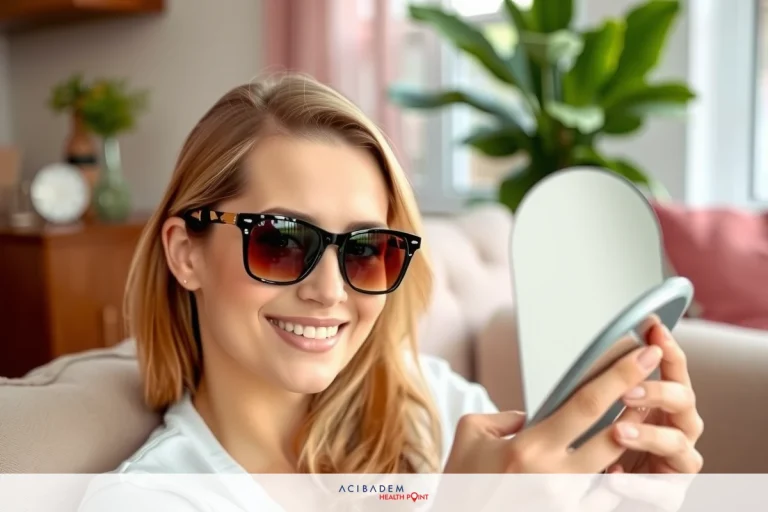 When Can I Start Wearing Sunglasses After Rhinoplasty A woman sitting in a living room, possibly holding something like a mirror. She is wearing sunglasses and appears to be enjoying herself as she smiles at the camera.