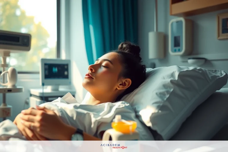 When Can I Breathe from My Nose After Rhinoplasty The image depicts a person lying in a hospital bed, appearing to be resting or possibly waiting. The hospital environment includes medical equipment and furnishings that indicate it's a healthcare setting. There are various shades of blue and white visible in the scene, suggesting cleanliness typical of such facilities.