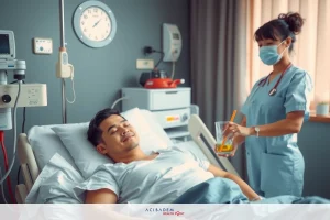 The image depicts a hospital scene with two individuals. In the foreground, a male patient wearing a hospital gown is lying on a bed. Standing next to him is a female healthcare worker wearing a surgical gown, holding what appears to be a glass of drink, possibly performing a medical examination or administering treatment.