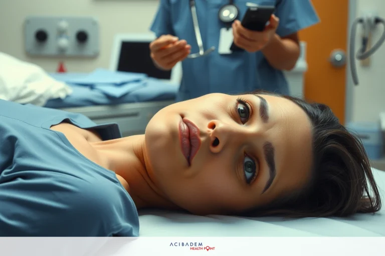 Medical scene with a patient lying on a hospital bed. Doctors are examining the patient, one holding a phone. The focus is on the patient's face and head area.
