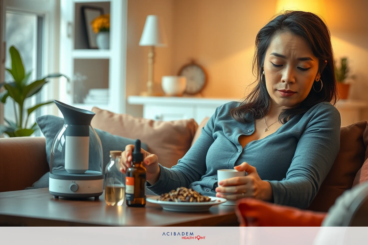 In the image, a woman is seated on a couch in a cozy living room. She is casually dressed and has a thoughtful expression as she sips from her coffee mug. On the table in front of her are various items including a bowl of food, which could suggest she is having breakfast or lunch.