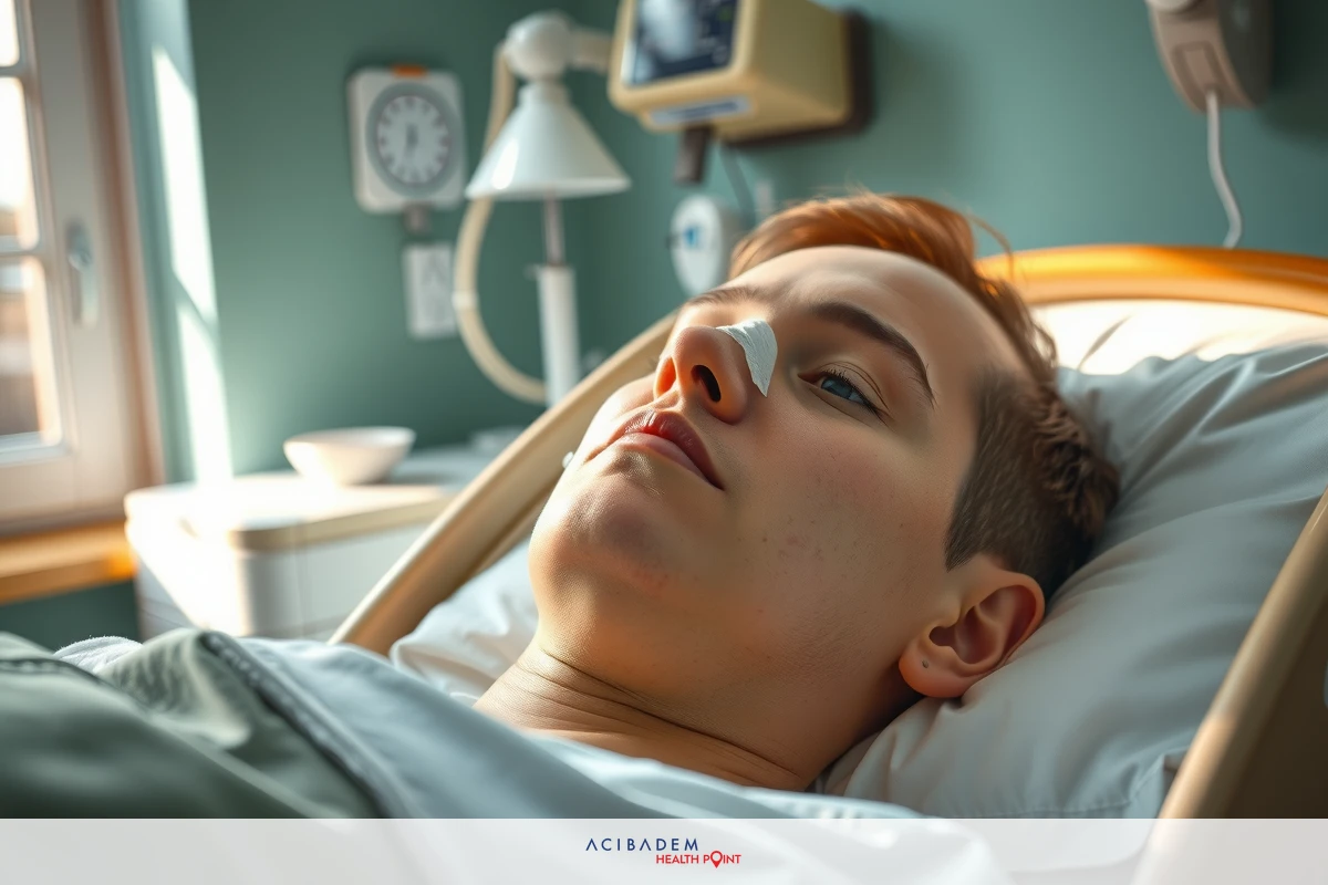 The image shows a young man lying in a hospital bed.It appears that he received medical attention with a bandage on his nose. The hospital environment is indicated by the presence of medical equipment such as monitors and tubing near him.