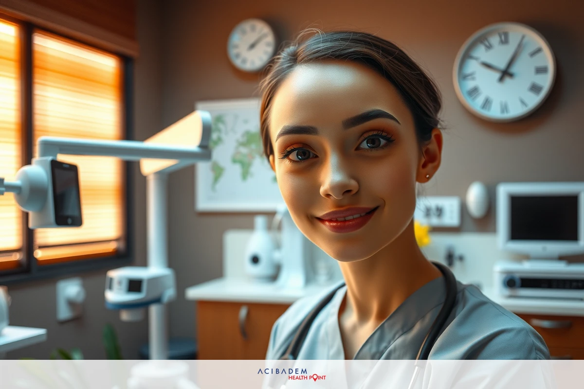 The image features a medical office setting with a female plastic surgeon wearing professional attire.
