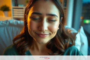 The image features a smiling woman with her eyes closed. She appears to be in a cozy indoor setting, possibly a living room or a studio with warm lighting that casts soft shadows around her face.