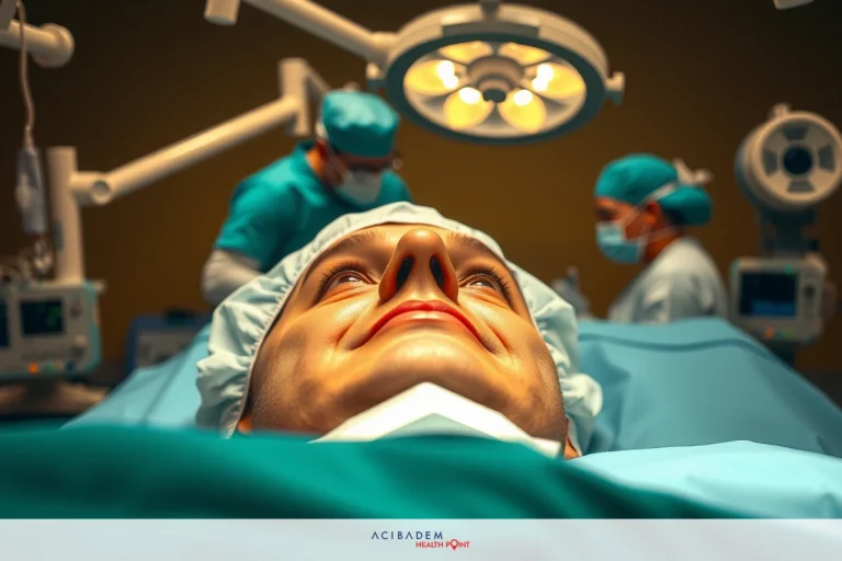 The image shows a male head with an open neck on a surgical operating table. The setting appears to be in a modern medical or hospital environment, suggested by the sterile surroundings and professional attire worn by the individuals present.